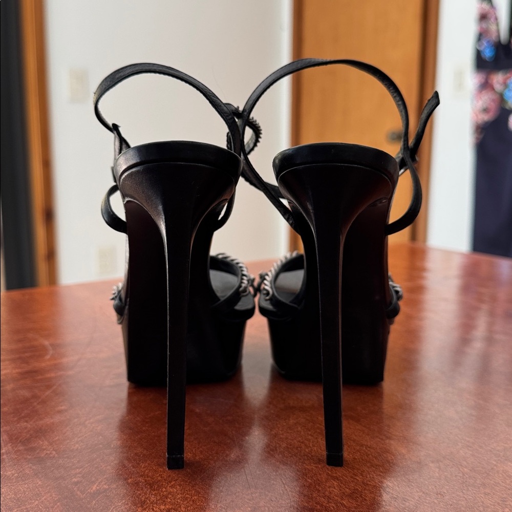 Saint Laurent Paris Pearl and Chain Black Stiletto Platform Sandals Sz 6.5 - Picture 4 of 8